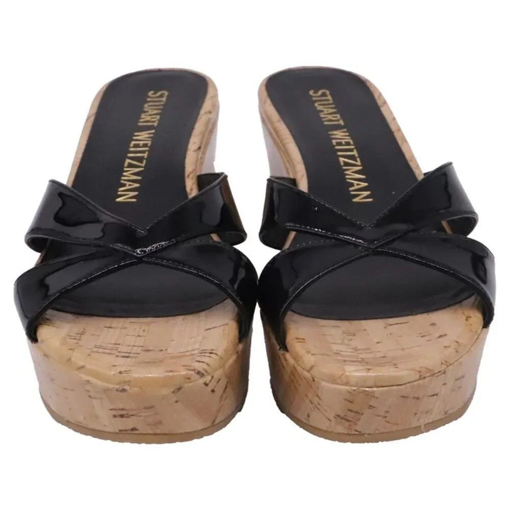 Stuart Weitzman Carmen Wedge Sandals in Black Patent Leather